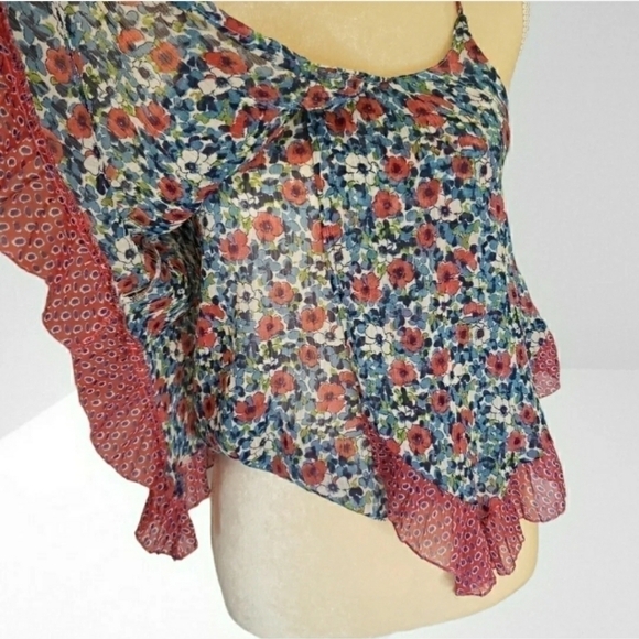 𝅺A&F Xs Floral Layered Tank Top Blouse Red Blue Hi-Lo Spaghetti Straps - Picture 4 of 6